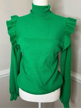 &merci Green Ribbed Ruffled Turtleneck Sweater Size L